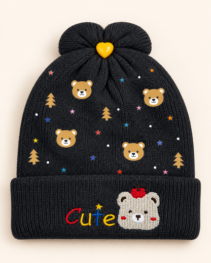 Imported Warm Baby Winter Cap – Cute Bear & Star Knit Beanie | 0–6 Months