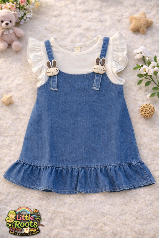 Imported Baby Girl Denim Pinafore Dress with White Ruffle Top – 2 Piece Fancy Outfit (0–12 Months)