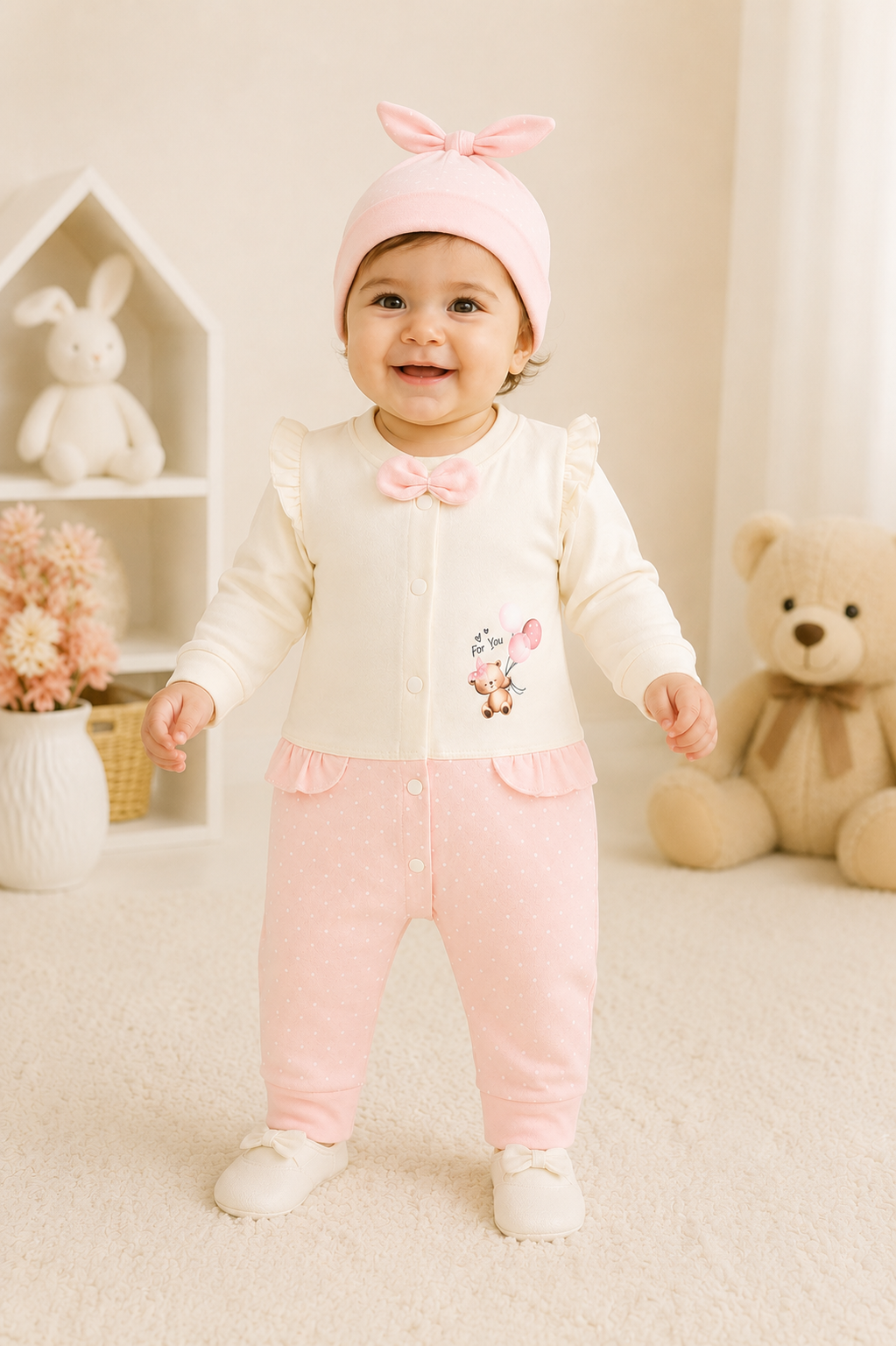 Super Soft Newborn Baby Girl Romper with Matching Cap Set | For You Collection | 0-3 Months | LittleRoots Pakistan