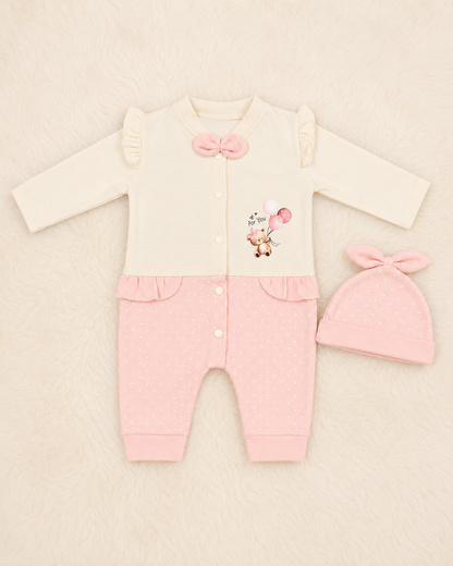 Super Soft Newborn Baby Girl Romper with Matching Cap Set | For You Collection | 0-3 Months | LittleRoots Pakistan