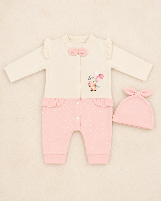 Super Soft Newborn Baby Girl Romper with Matching Cap Set | For You Collection | 0-3 Months | LittleRoots Pakistan