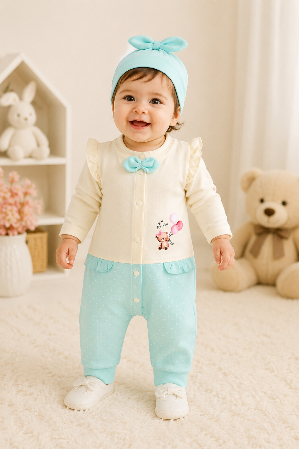 Super Soft Newborn Baby Girl Romper with Matching Cap Set | For You Collection | 0-3 Months | LittleRoots Pakistan