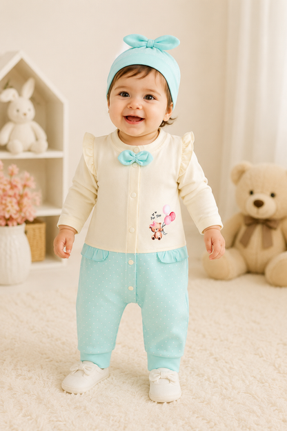 Super Soft Newborn Baby Girl Romper with Matching Cap Set | For You Collection | 0-3 Months | LittleRoots Pakistan