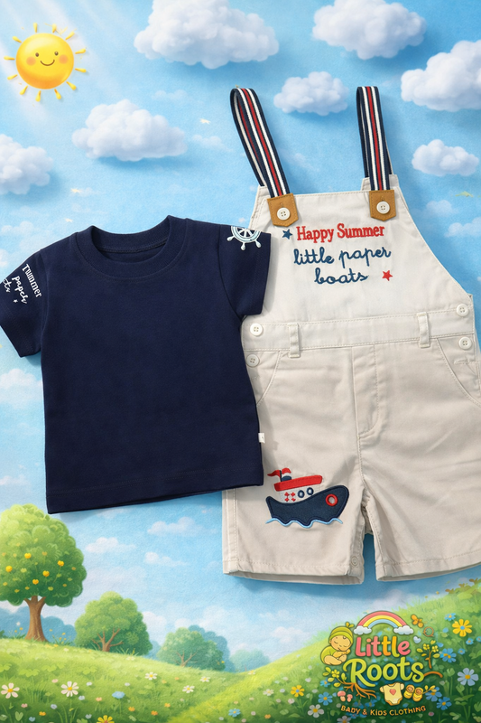 Baby Boy Happy Summer Romper Set – 2 Pcs Dungaree & T-Shirt Outfit