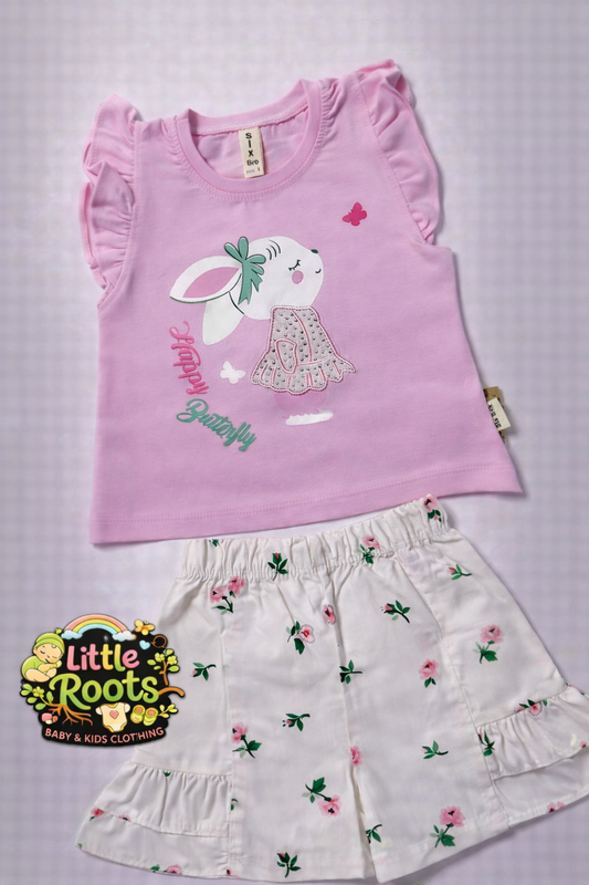 Baby Girl Bunny Summer Shirt & Floral Shorts Set – Cute 2 Piece Outfit