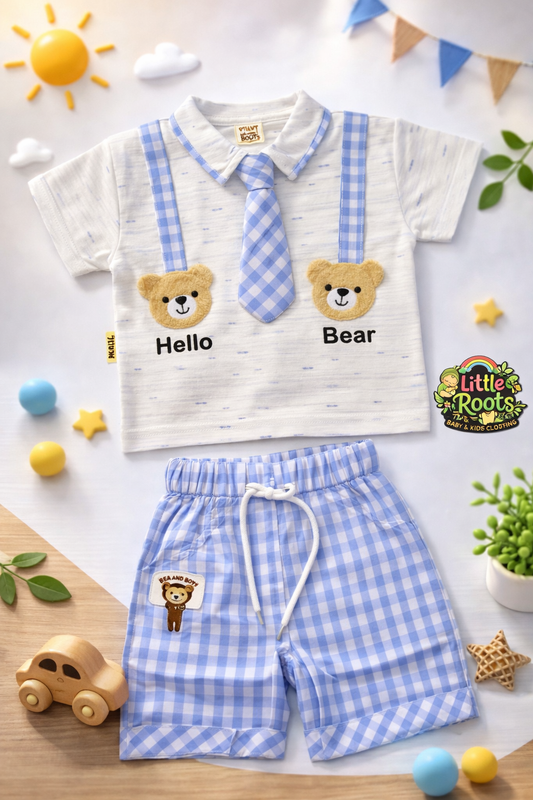 Baby Boy Hello Bear Formal 2 Piece Set – Shirt with Tie & Gingham Shorts
