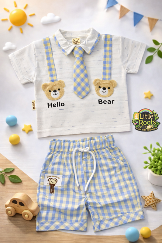 Baby Boy Hello Bear Formal 2 Piece Set – Shirt with Tie & Gingham Shorts
