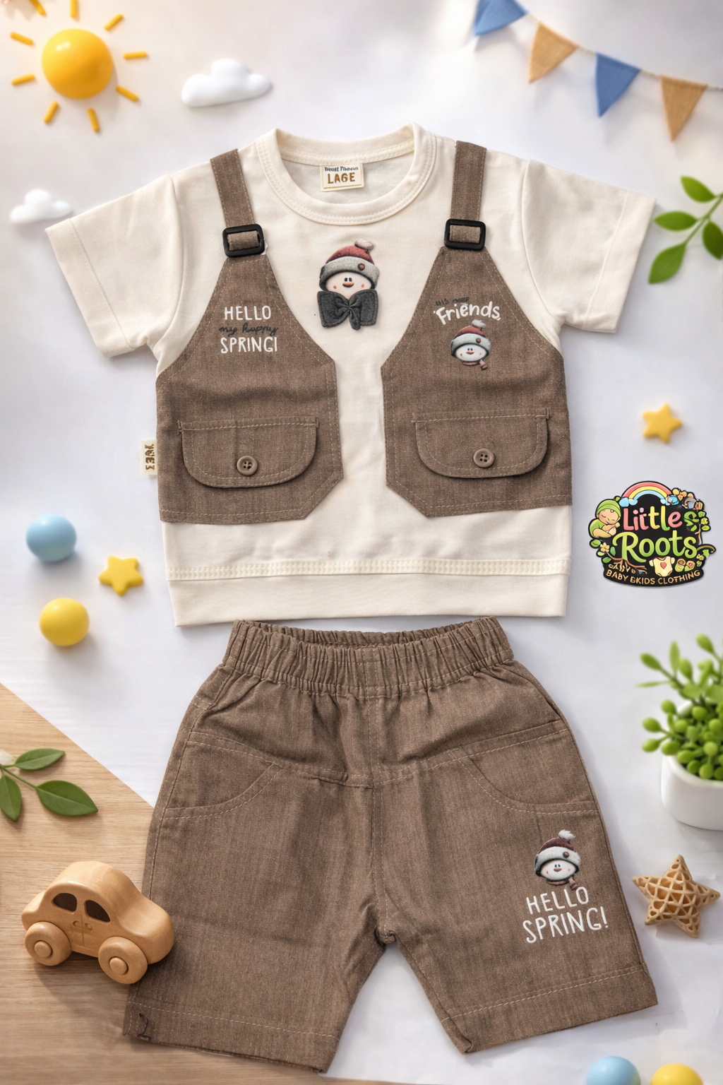 Baby Boy “Hello Spring” 2-Piece Summer Outfit – T-Shirt with Vest Design & Shorts Set (Brown/Grey/Blue)