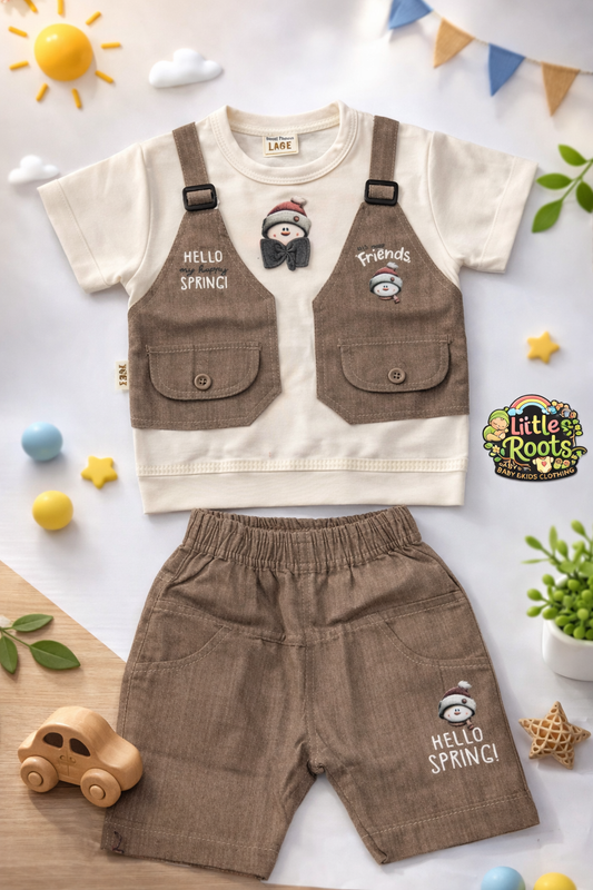 Baby Boy “Hello Spring” 2-Piece Summer Outfit – T-Shirt with Vest Design & Shorts Set (Brown/Grey/Blue)