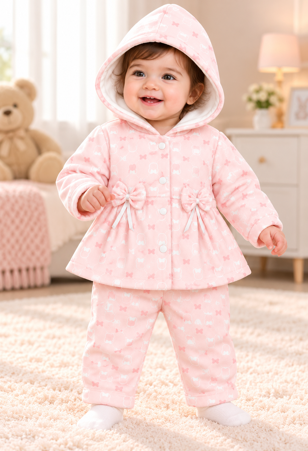 Imported Baby Girl Butterfly Print Hooded Frock with Trousers – 2-Piece Set