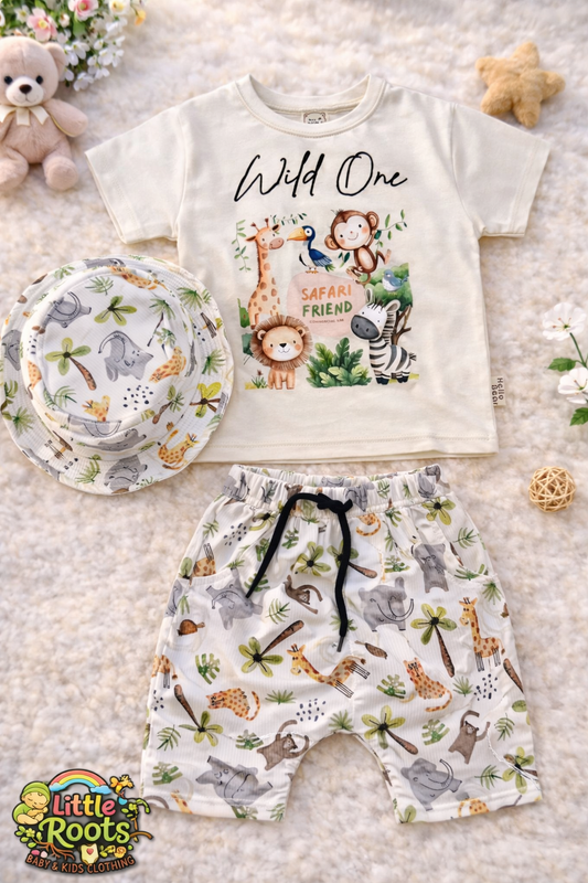 Baby Boy Safari Jungle Shirt, Shorts & Hat Set – 3 Piece Summer Outfit