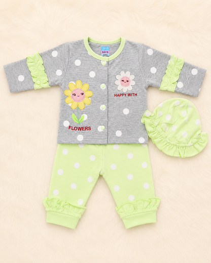 Just Born 3 Piece Baby Girl Starter Set – Soft Cotton Newborn Dress Set with Cap | LittleRoots Pakistan