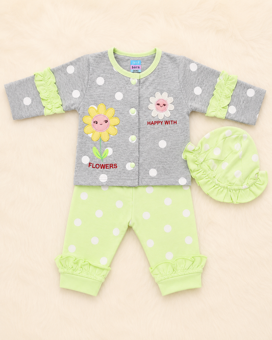 Just Born 3 Piece Baby Girl Starter Set – Soft Cotton Newborn Dress Set with Cap | LittleRoots Pakistan