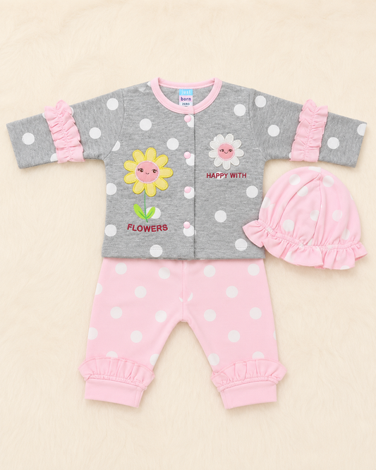 Just Born 3 Piece Baby Girl Starter Set – Soft Cotton Newborn Dress Set with Cap | LittleRoots Pakistan