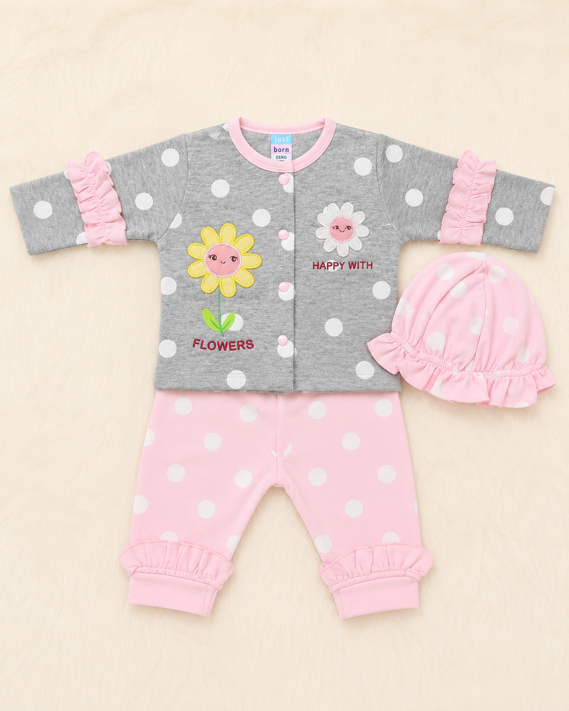 Just Born 3 Piece Baby Girl Starter Set – Soft Cotton Newborn Dress Set with Cap | LittleRoots Pakistan