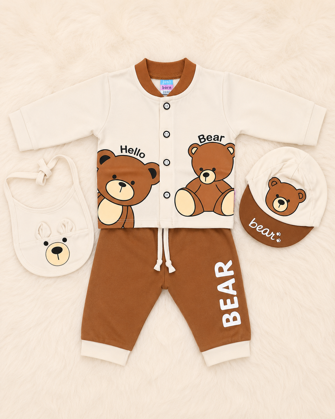 Just Born 4 Piece Newborn Baby Boy Bear Set | Soft Cotton Shirt, Trouser, Cap & Bib – LittleRoots Pakistan