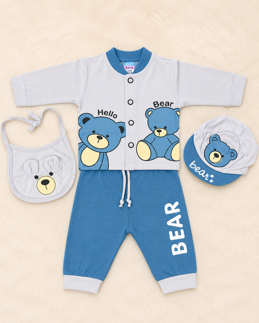 Just Born 4 Piece Newborn Baby Boy Bear Set | Soft Cotton Shirt, Trouser, Cap & Bib – LittleRoots Pakistan