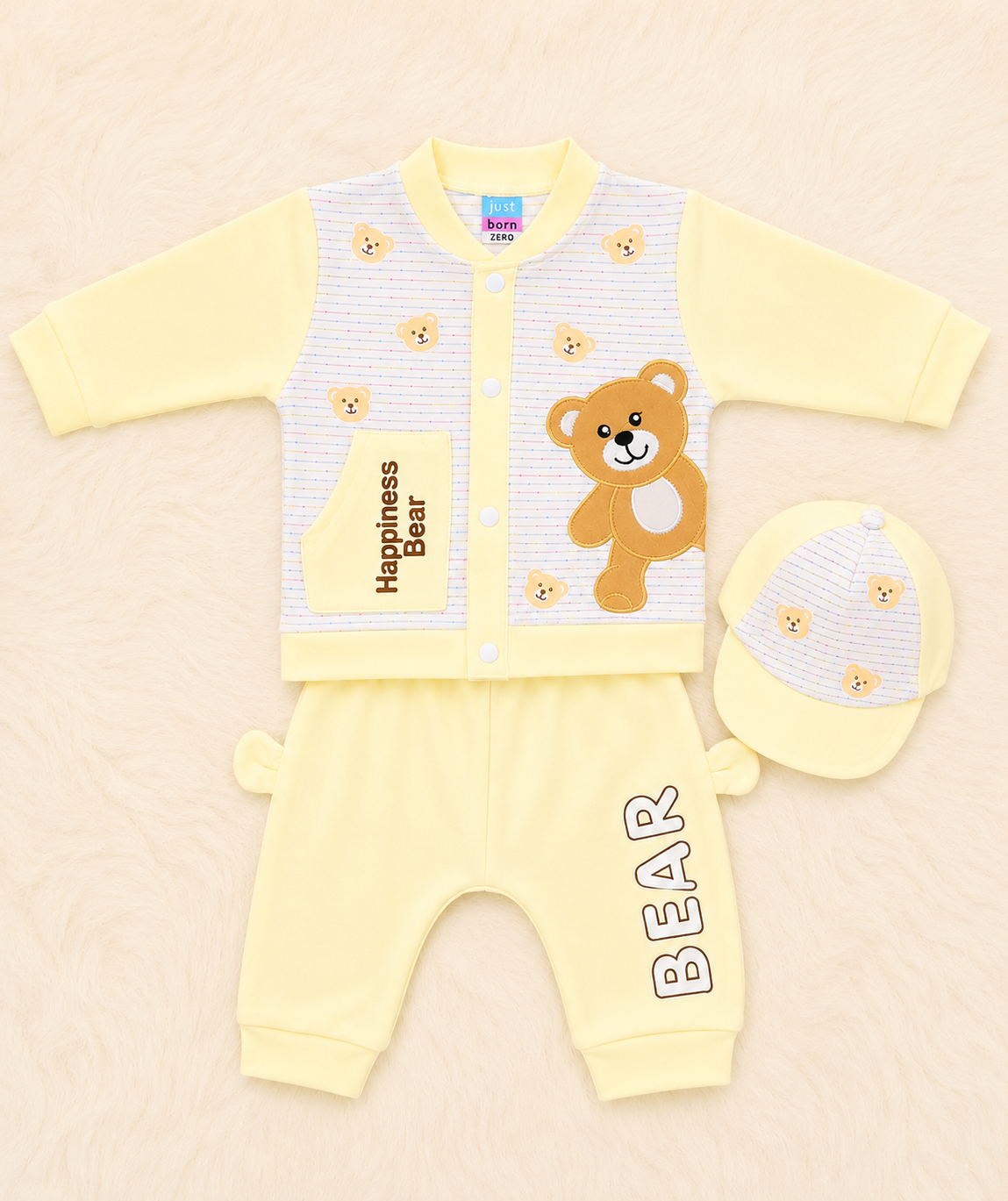 Just Born 3 Piece Newborn Baby Bear Set | Lightweight Blended Shirt, Trouser & P-Cap – LittleRoots Pakistan
