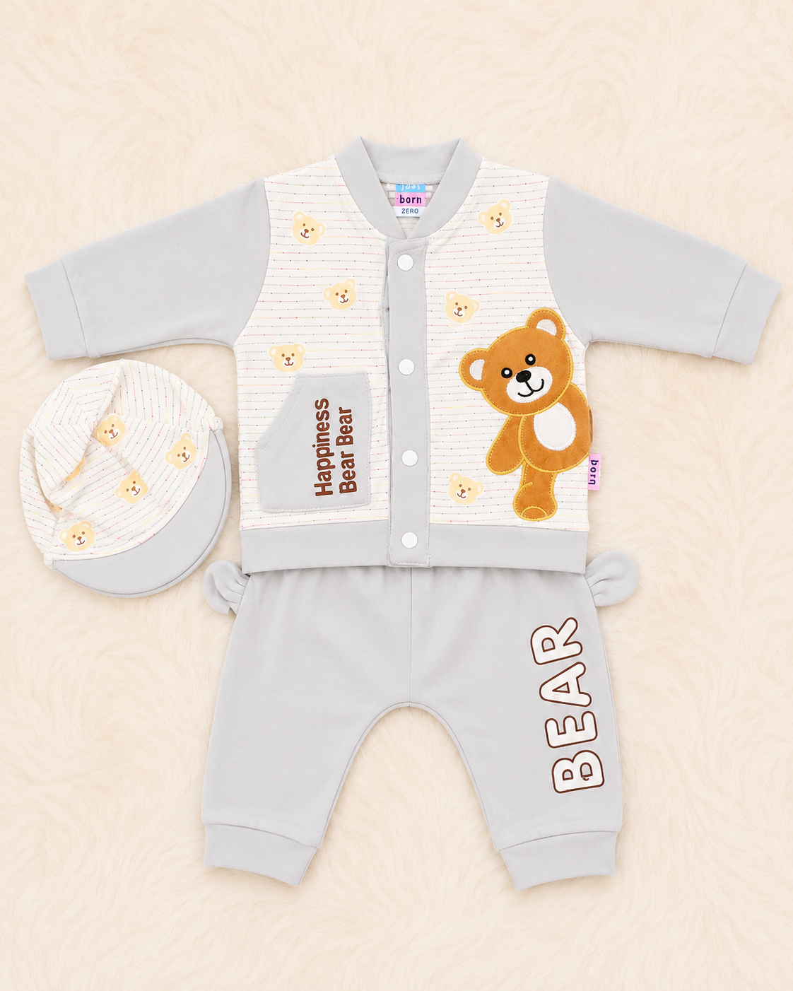 Just Born 3 Piece Newborn Baby Bear Set | Lightweight Blended Shirt, Trouser & P-Cap – LittleRoots Pakistan