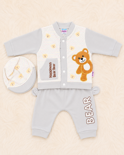Just Born 3 Piece Newborn Baby Bear Set | Lightweight Blended Shirt, Trouser & P-Cap – LittleRoots Pakistan