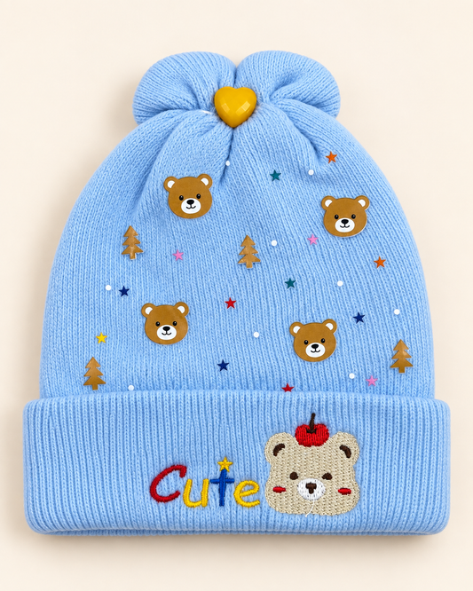 Imported Warm Baby Winter Cap – Cute Bear & Star Knit Beanie | 0–6 Months