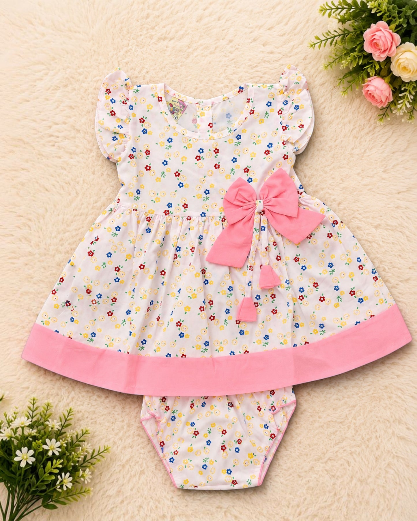 Sweet Blossom Baby Girl Frock Set with Bow & Bloomer – Floral Pink Dress