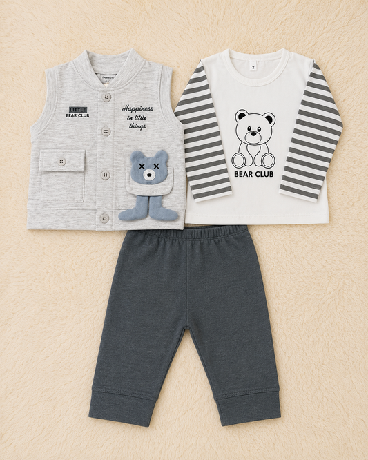 Little Bear Club 3 Piece Baby Boy Outfit Set – Bear Print T-Shirt, Vest & Pants (3–9 Months)