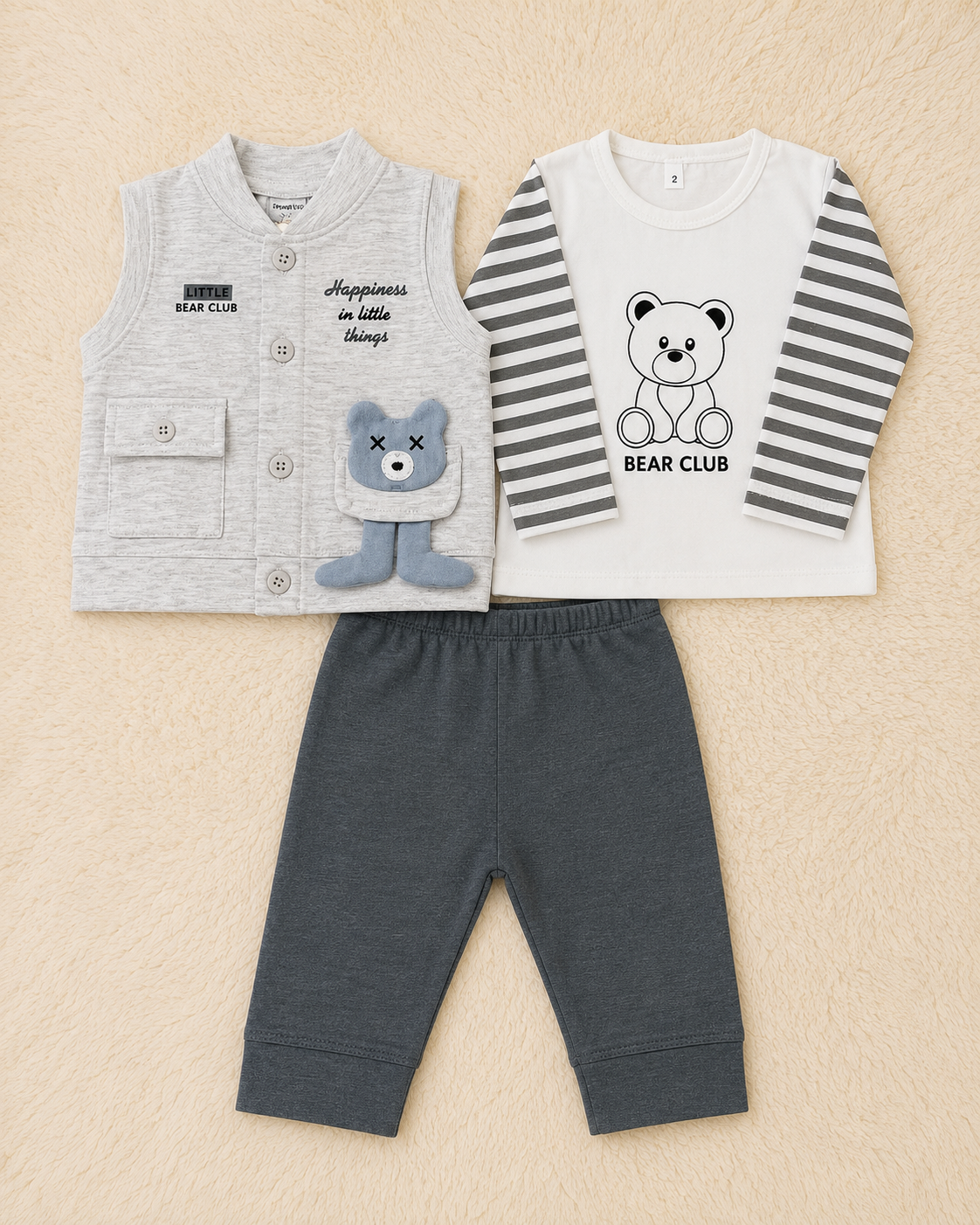 Little Bear Club 3 Piece Baby Boy Outfit Set – Bear Print T-Shirt, Vest & Pants (3–9 Months)