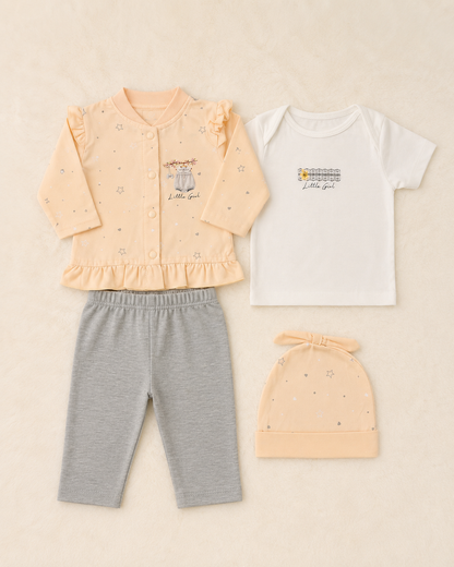 Little Girl 4 Piece Full Sleeve Outfit Set for Newborns | 0–3 Months