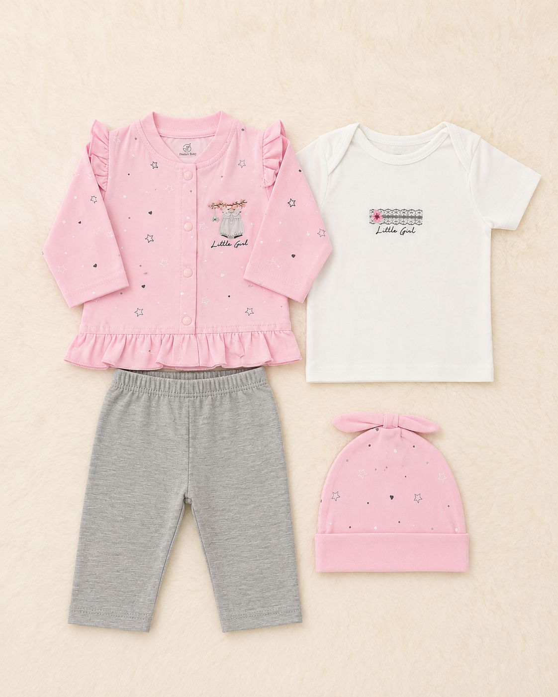 Little Girl 4 Piece Full Sleeve Outfit Set for Newborns | 0–3 Months