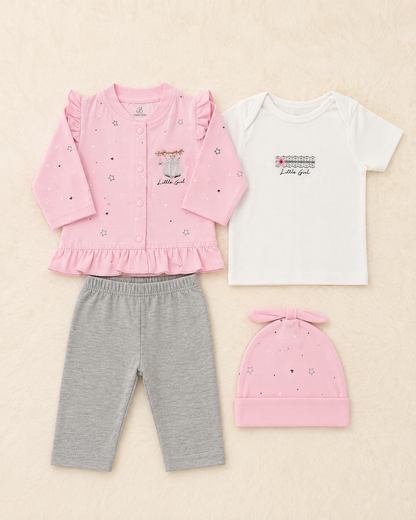 Little Girl 4 Piece Full Sleeve Outfit Set for Newborns | 0–3 Months