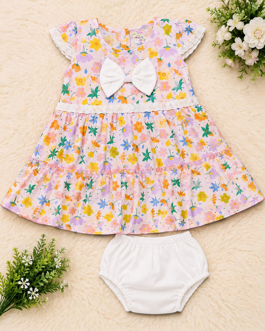 Floral Princess Baby Girl Frock Set with Bloomer – Soft Pink Summer Dress & Bow Detail