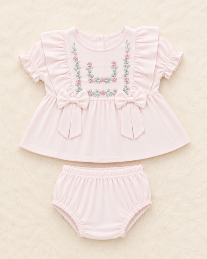 Elegant Floral Embroidered Baby Girl Dress Set with Bloomers | 0-12 Months