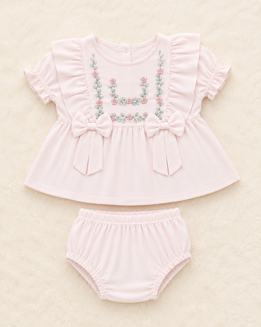 Elegant Floral Embroidered Baby Girl Dress Set with Bloomers | 0-12 Months