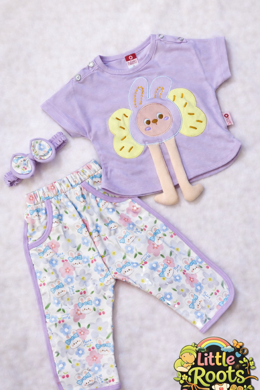 Baby Girl 3 Pcs Bunny Shirt & Printed Trouser Set with Bow Headband – Lavender, Yellow & Pink