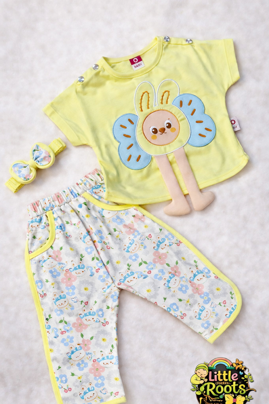 Baby Girl 3 Pcs Bunny Shirt & Printed Trouser Set with Bow Headband – Lavender, Yellow & Pink