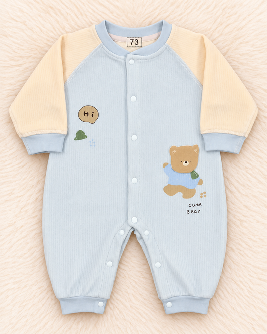 Imported Warm Velvet-Feel Baby Romper with Teddy Bear Print | Towel Fabric Inside