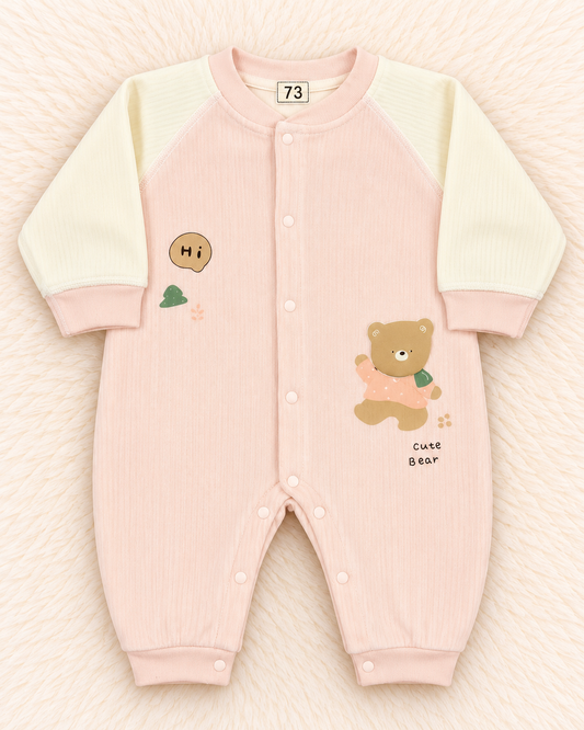 Imported Warm Velvet-Feel Baby Romper with Teddy Bear Print | Towel Fabric Inside