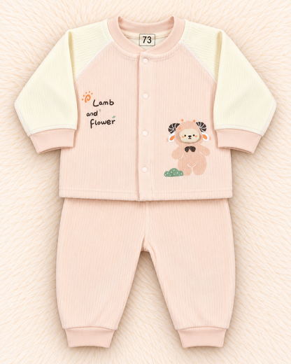 Imported Warm Velvet Baby Trouser & Shirt Set with Towel Fabric Inside – Lamb & Flower