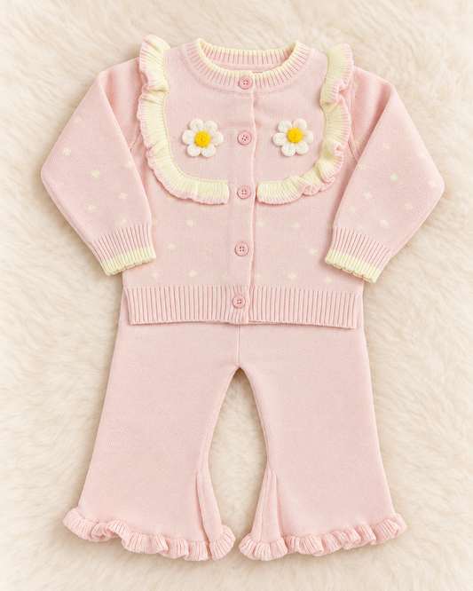 Tea Pink Woollen Baby Girl 2-Piece Set – Floral Ruffle