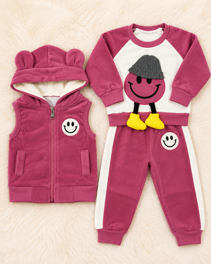 Girls' Plush 3-Piece Winter Suit with Hooded Vest – Smiley Design | Littleroots Pakistan