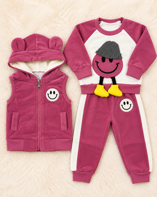 Girls' Plush 3-Piece Winter Suit with Hooded Vest – Smiley Design | Littleroots Pakistan