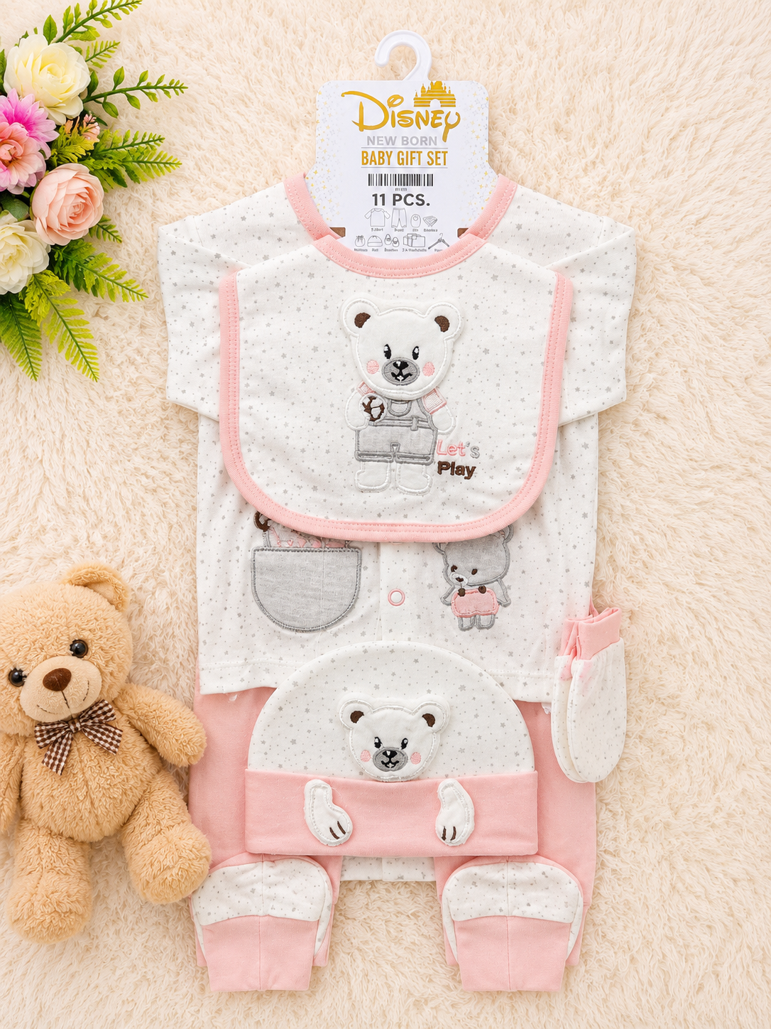 Disney Newborn Baby 11 PCS Starter Gift Set – Soft Cotton Essentials for Boys & Girls | 0-3 Months