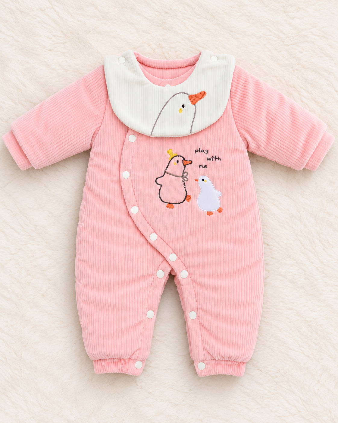 Imported Velvet Baby Romper with Duck Embroidery | Warm Winter Wear