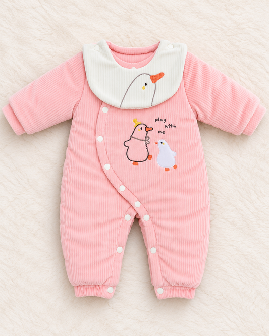 Imported Velvet Baby Romper with Duck Embroidery | Warm Winter Wear