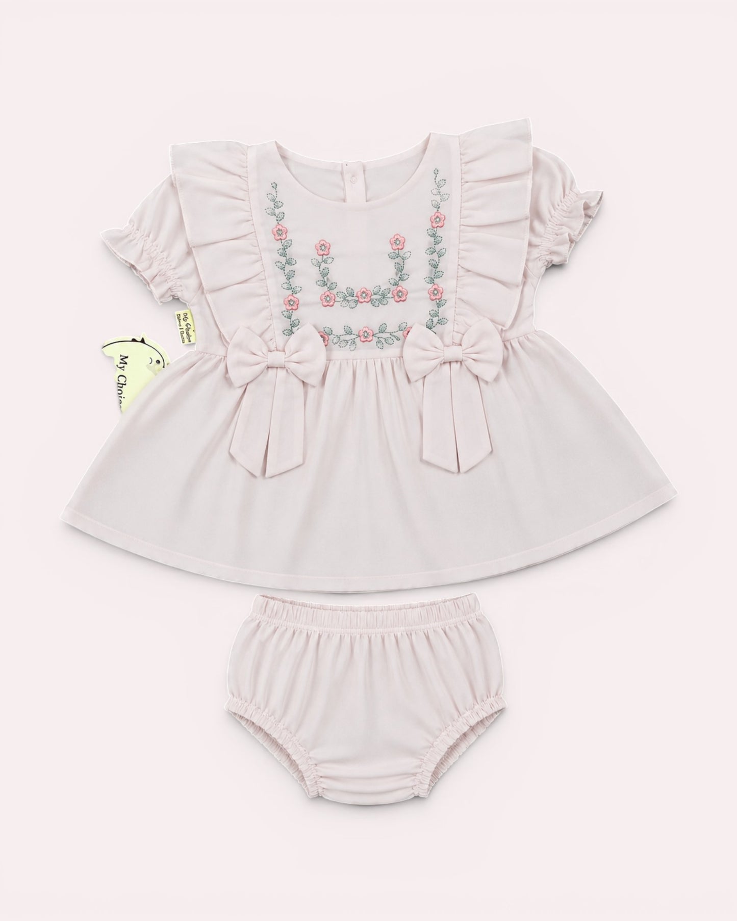 Elegant Floral Embroidered Baby Girl Dress Set with Bloomers | 0-12 Months