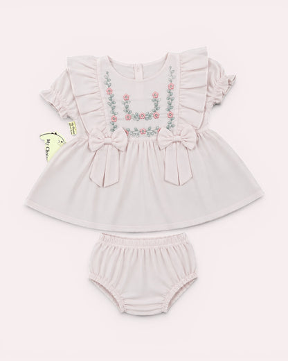 Elegant Floral Embroidered Baby Girl Dress Set with Bloomers | 0-12 Months