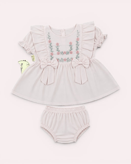 Elegant Floral Embroidered Baby Girl Dress Set with Bloomers | 0-12 Months