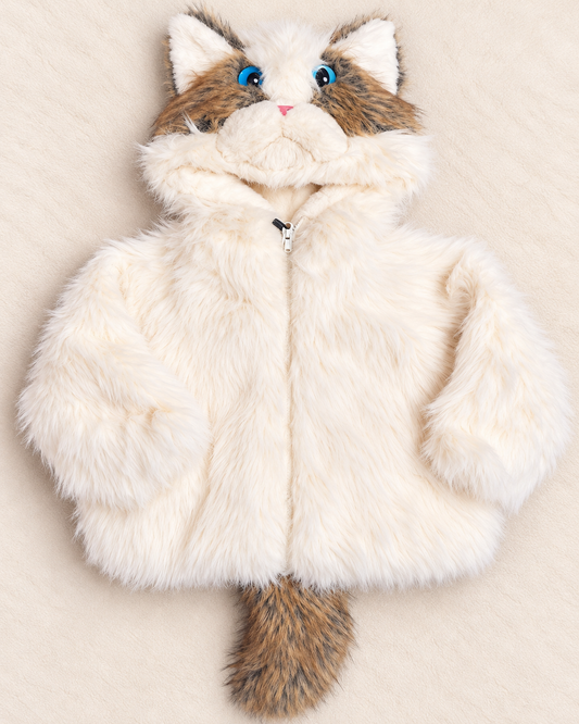 Imported Girls' Fluffy Cat Hooded Winter Jacket – Cream