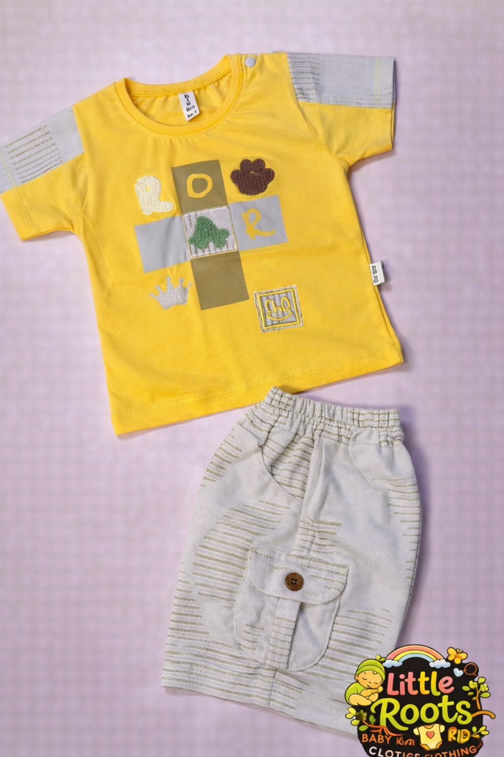 Baby Boy 2-Piece Summer Shirt & Shorts Set – Cotton Graphic T-Shirt with Cargo Shorts (Green, Yellow & Orange)